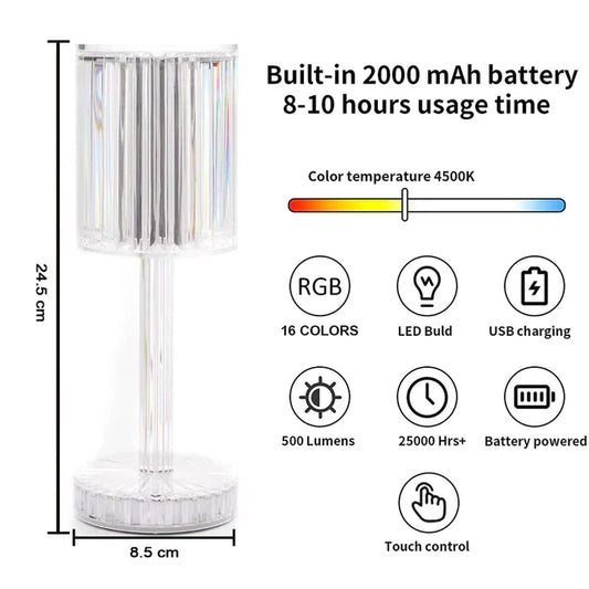 Brilla: Modern Crystal LED Table Lamp with 16-Color Changing RGB, Touch Control, USB Rechargeable & Diamond Cut Design